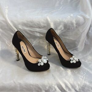 Miu Miu Black Satin Crystal Embellished Heel Peep Toe Platform Pumps